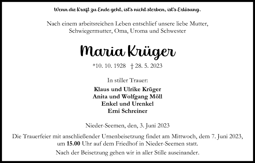 Anzeige von  Maria Krüger