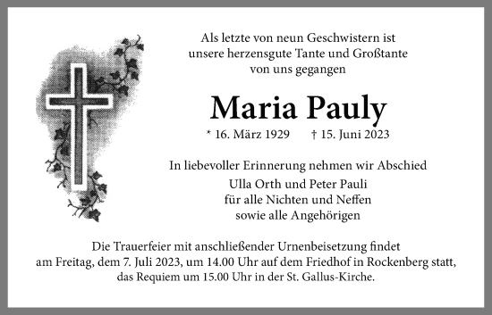 Traueranzeige von Maria Pauly von Wetterauer Zeitung