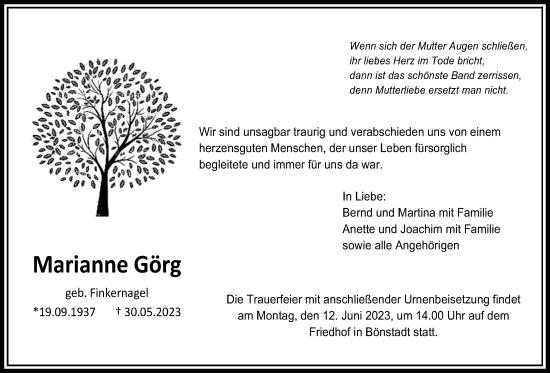 Traueranzeige von Marianne Görg von Wetterauer Zeitung