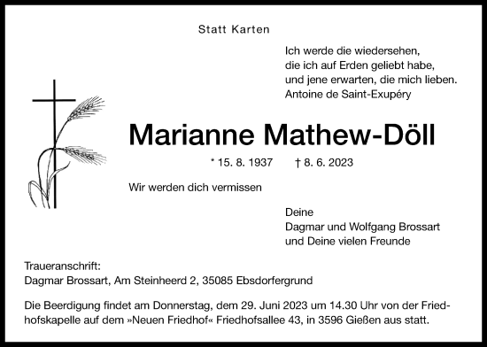 Traueranzeige von Marianne Mathew-Döll von Giessener Allgemeine, Alsfelder Allgemeine