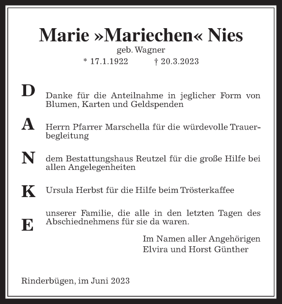 Traueranzeige von Marie Nies von Kreis-Anzeiger