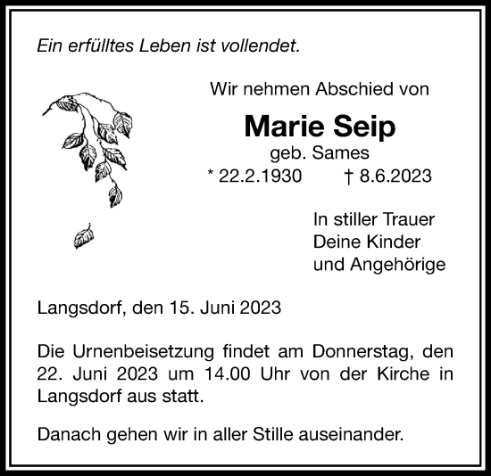 Traueranzeige von Marie Seip von Licher Wochenblatt