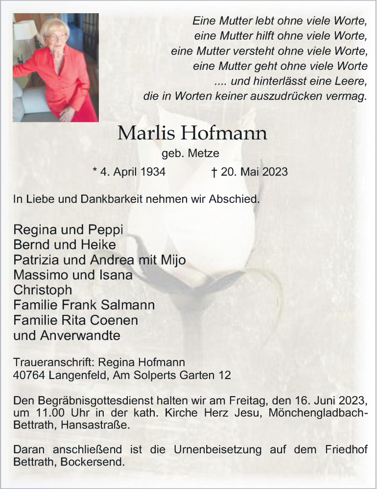  Traueranzeige für Marlis Hofmann vom 10.06.2023 aus Giessener Allgemeine, Alsfelder Allgemeine