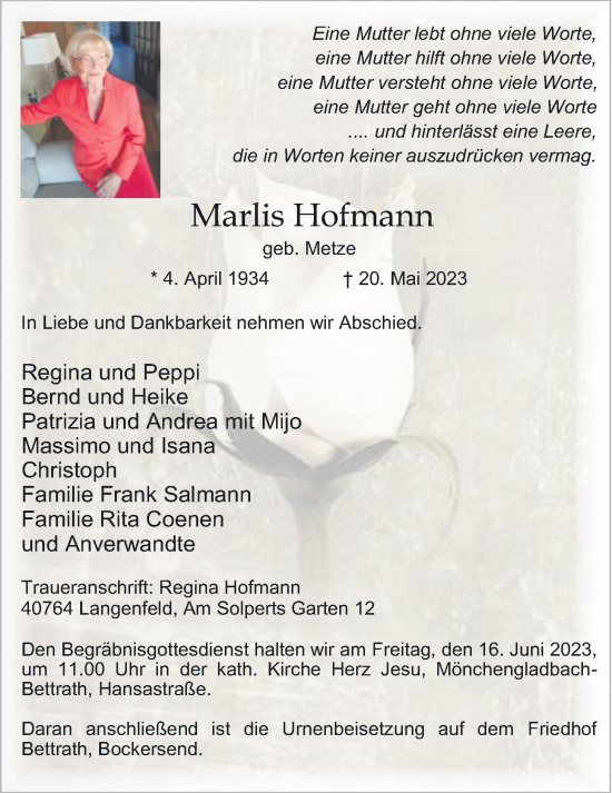 Traueranzeige von Marlis Hofmann von Giessener Allgemeine, Alsfelder Allgemeine