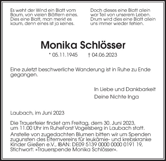 Traueranzeige von Monika Schlösser von Laubacher Anzeiger, Giessener Allgemeine, Alsfelder Allgemeine
