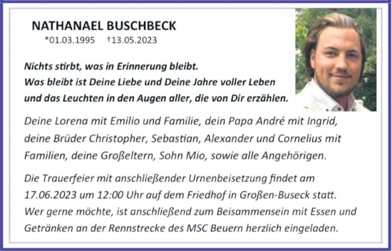 Traueranzeige von Nathanael Buschbeck von Giessener Allgemeine, Giessener Anzeiger, Alsfelder Allgemeine