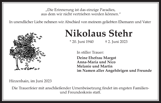 Traueranzeige von Nikolaus Stehr von Kreis-Anzeiger
