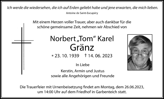 Traueranzeige von Norbert Karel Gränz von Giessener Allgemeine, Alsfelder Allgemeine, Giessener Anzeiger