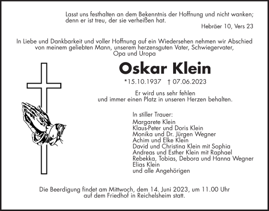 Traueranzeige von Oskar Klein von Wetterauer Zeitung