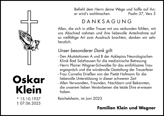 Traueranzeige von Oskar Klein von Wetterauer Zeitung