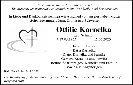 Traueranzeige von Ottilie Karnelka von Kreis-Anzeiger