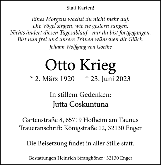 Traueranzeige von Otto Krieg 
