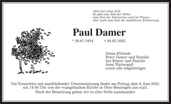 Traueranzeige von Paul Damer von Giessener Allgemeine, Alsfelder Allgemeine, Giessener Anzeiger