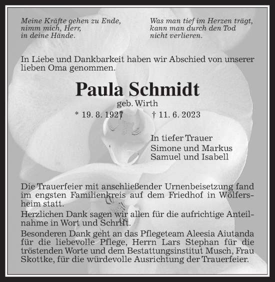 Traueranzeige von Paula Schmidt von Wetterauer Zeitung