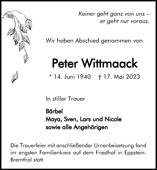 Traueranzeige von Peter Wittmaack 