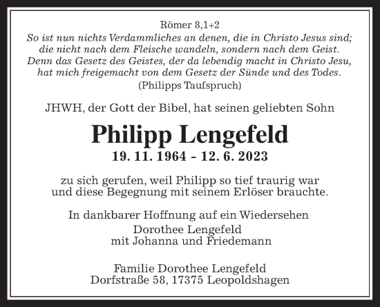 Traueranzeige von Philipp Lengefeld von Giessener Allgemeine, Alsfelder Allgemeine, Reiskirchener Anzeiger