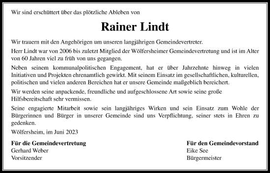 Traueranzeige von Rainer Lindt von Wetterauer Zeitung