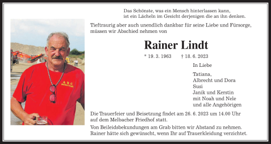 Traueranzeige von Rainer Lindt von Wetterauer Zeitung