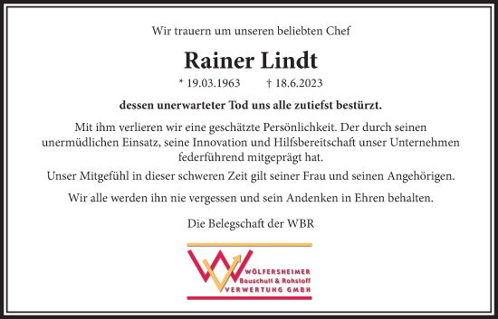 Traueranzeige von Rainer Lindt von Wetterauer Zeitung