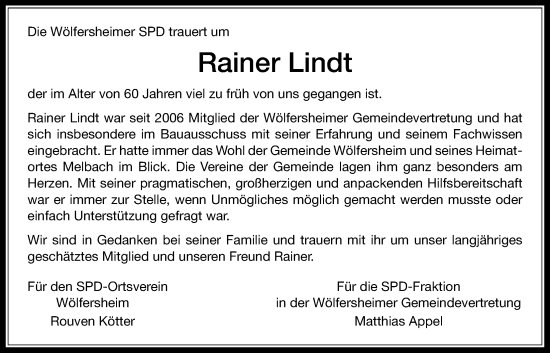 Traueranzeige von Rainer Lindt von Wetterauer Zeitung