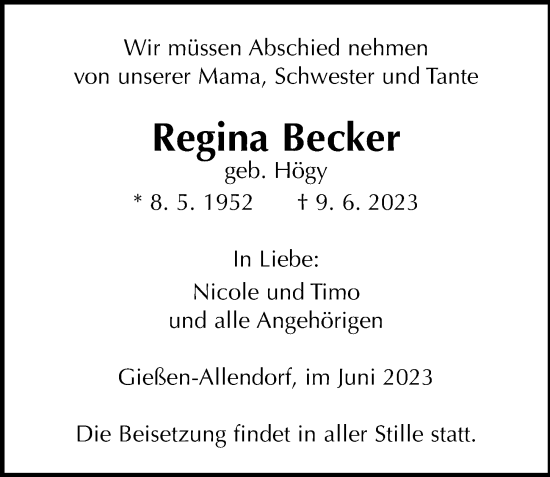 Traueranzeige von Regina Becker von Giessener Allgemeine, Alsfelder Allgemeine
