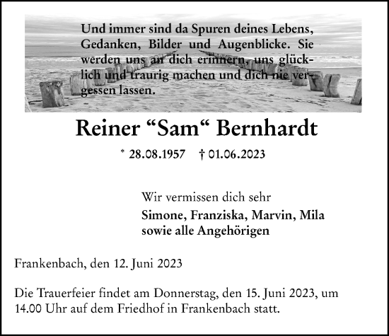 Traueranzeige von Reiner Bernhardt von Giessener Allgemeine, Alsfelder Allgemeine