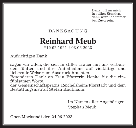 Traueranzeige von Reinhard Meub von Kreis-Anzeiger