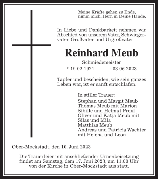Traueranzeige von Reinhard Meub von Wetterauer Zeitung, Kreis-Anzeiger