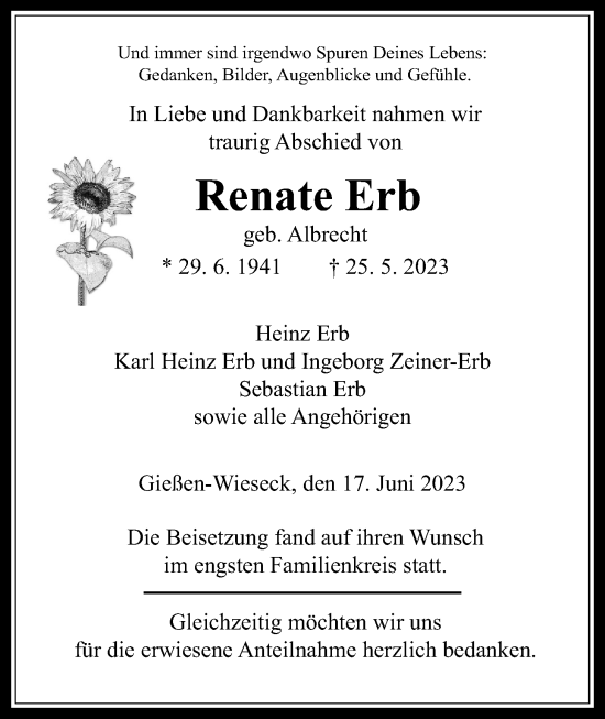 Traueranzeige von Renate Erb von Giessener Allgemeine, Alsfelder Allgemeine, Giessener Anzeiger