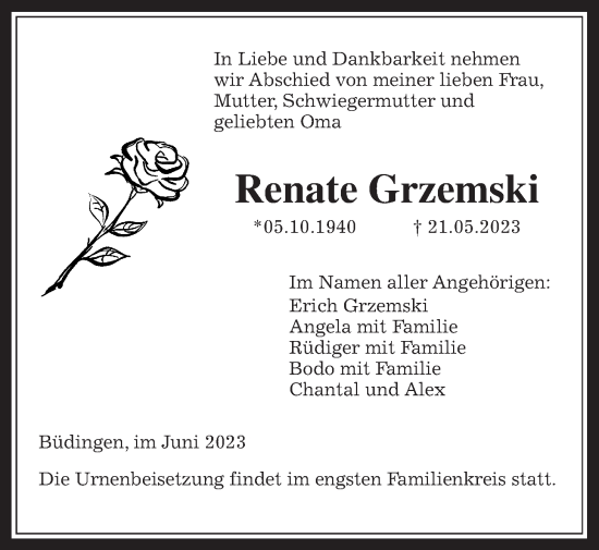 Traueranzeige von Renate Grzemski von Wetterauer Zeitung, Kreis-Anzeiger