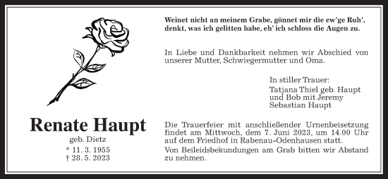 Traueranzeige von Renate Haupt von Rabenauer Zeitung