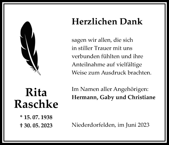 Traueranzeige von Rita Raschke von Bad Vilbel/Karben