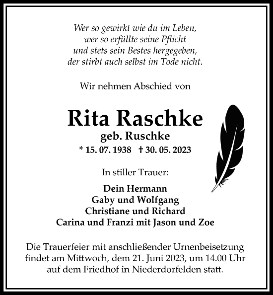 Traueranzeige von Rita Raschke von Bad Vilbel/Karben