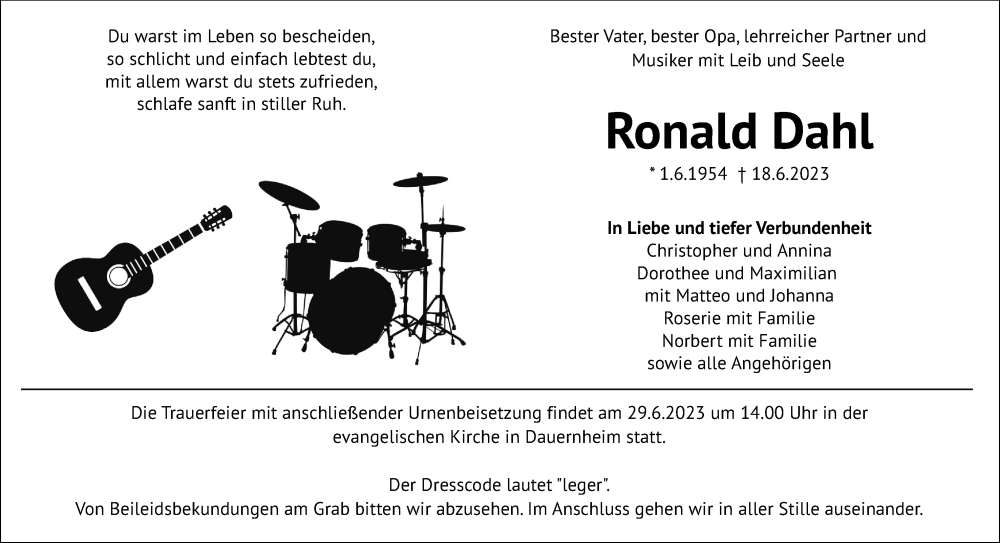  Traueranzeige für Ronald Dahl vom 24.06.2023 aus Kreis-Anzeiger