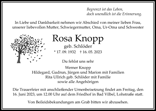 Traueranzeige von Rosa Knopp von Bad Vilbel/Karben