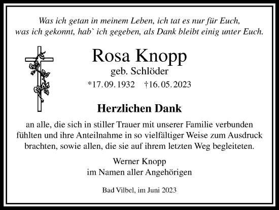 Traueranzeige von Rosa Knopp von Bad Vilbel/Karben