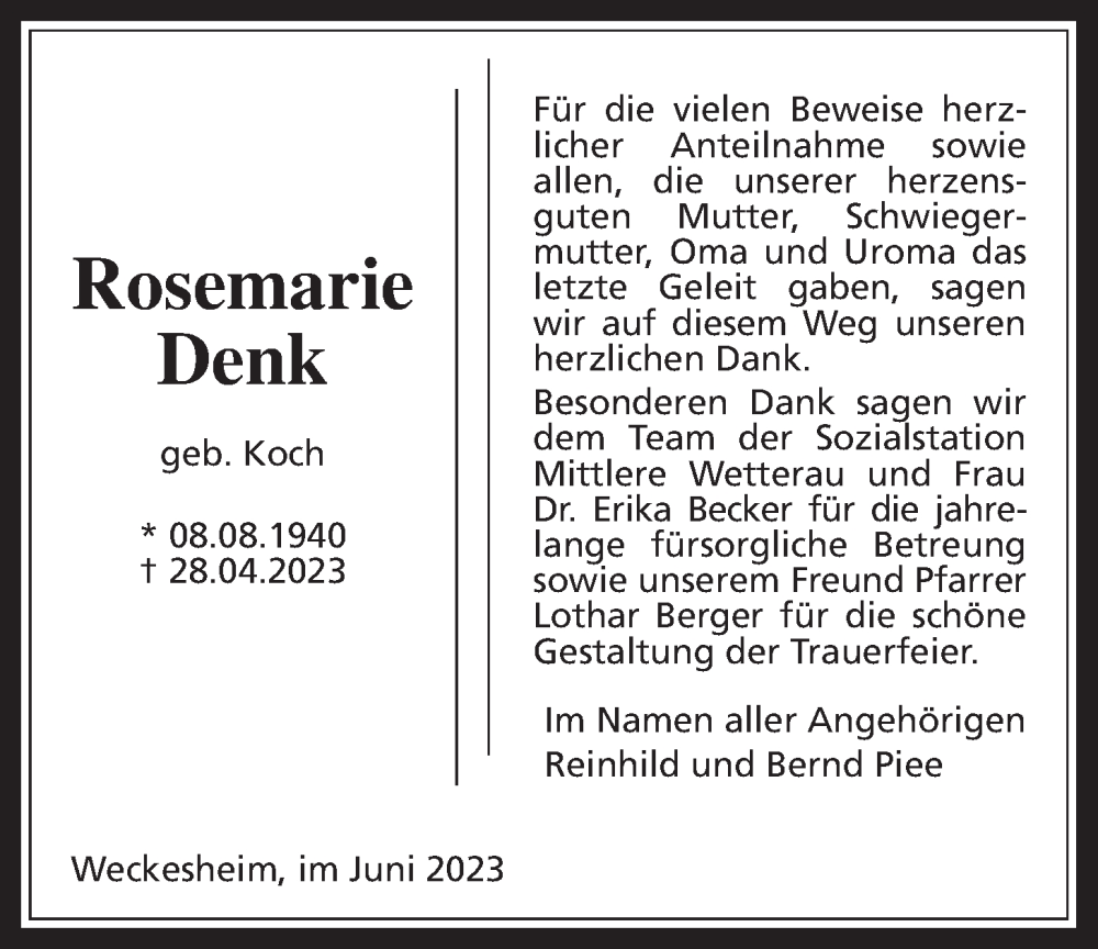  Traueranzeige für Rosemarie Denk vom 03.06.2023 aus Wetterauer Zeitung
