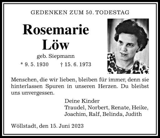 Traueranzeige von Rosemarie Löw von Wetterauer Zeitung