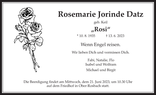 Traueranzeige von Rosemarie Jorinde Datz von Wetterauer Zeitung