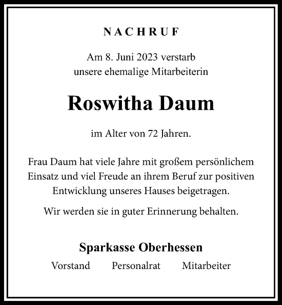 Traueranzeige von Roswitha Daum von Wetterauer Zeitung