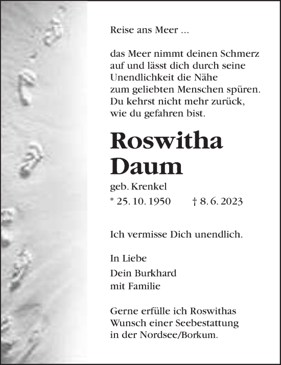 Traueranzeige von Roswitha Daum von Wetterauer Zeitung