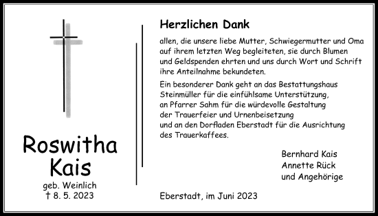 Traueranzeige von Roswitha Kais von Licher Wochenblatt