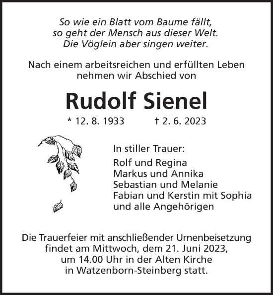 Traueranzeige von Rudolf Sienel von Giessener Allgemeine, Alsfelder Allgemeine