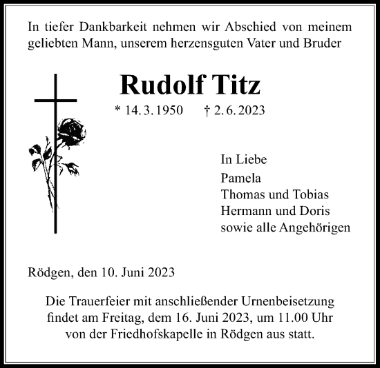 Traueranzeige von Rudolf Titz von Giessener Allgemeine, Giessener Anzeiger, Alsfelder Allgemeine