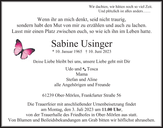 Traueranzeige von Sabine Usinger 