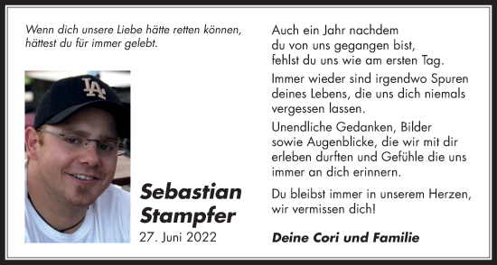 Traueranzeige von Sebastian Stampfer von Licher Wochenblatt