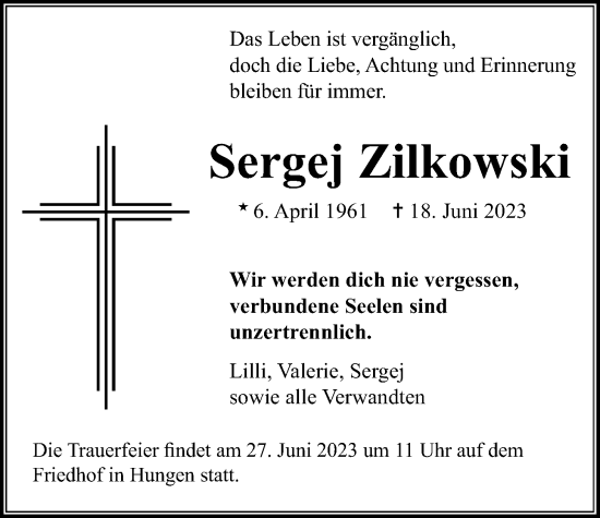 Traueranzeige von Sergej Zilkowski von Licher Wochenblatt