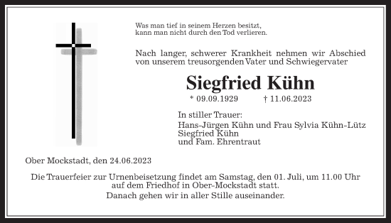 Traueranzeige von Siegfried Kühn von Kreis-Anzeiger