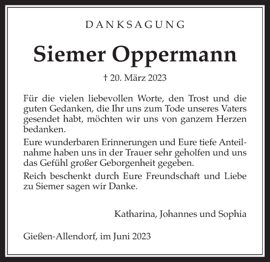 Traueranzeige von Siemer Oppermann von Giessener Anzeiger, Giessener Allgemeine, Alsfelder Allgemeine