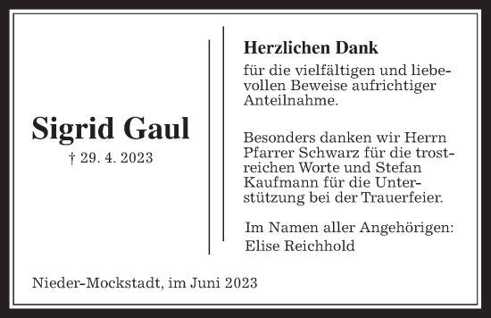 Traueranzeige von Sigrid Gaul von Kreis-Anzeiger